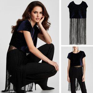 NWT ZARA Midnight Blue Velvet Crop Top with Fringe Size Medium